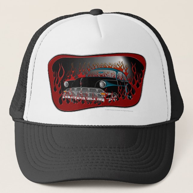 Black Two Tone 54 Chevy Hot Rod in Flames Hat (Front)