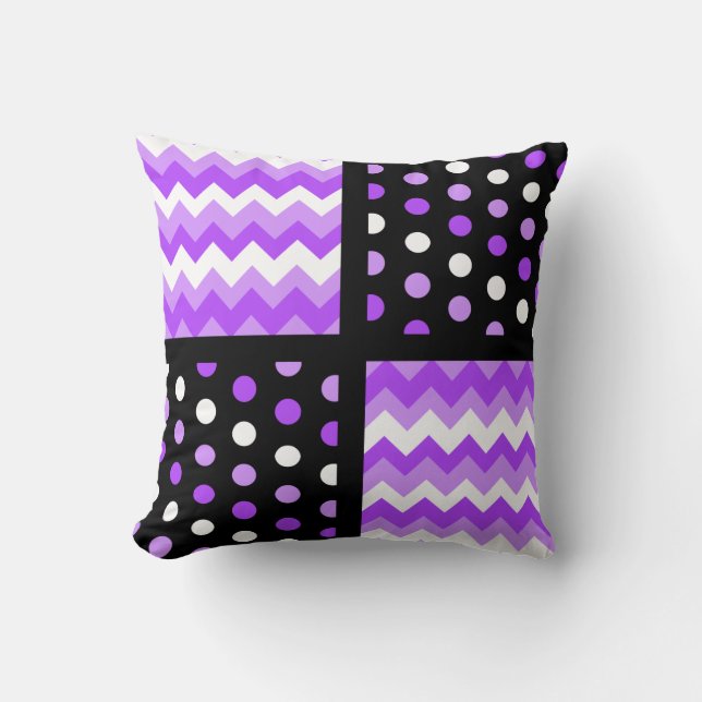 Black/Two-Tone Ultraviolet/White Chevron/Polkadot Throw Pillow (Front)
