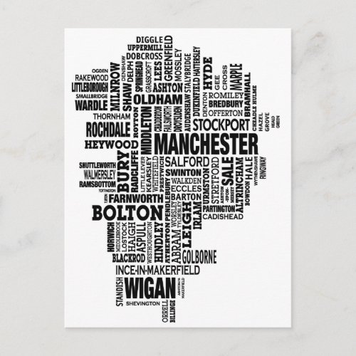 Black type map of Greater Manchester Postcard