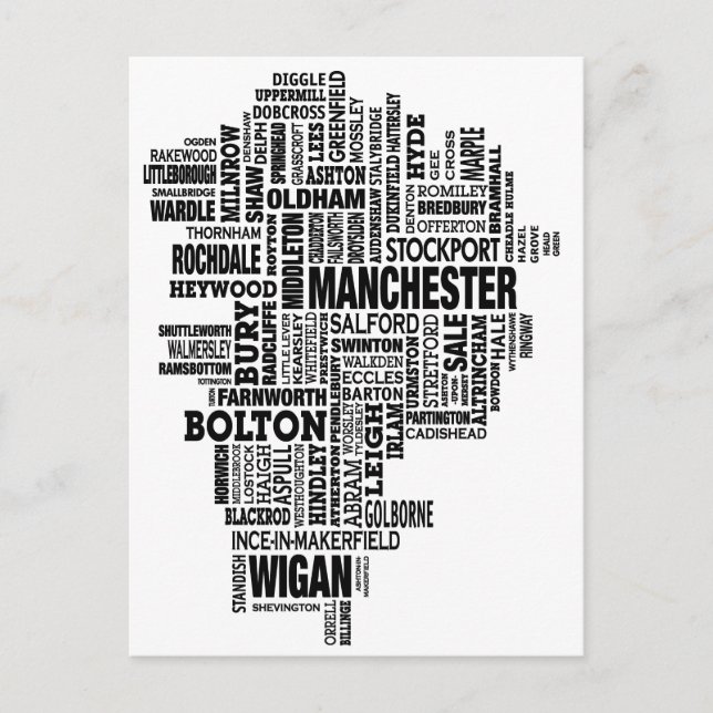 Black type map of Greater Manchester Postcard (Front)