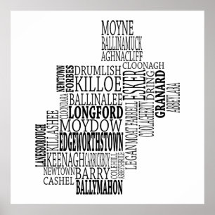 Black Typographical Map of Co. Longford, Ireland Poster