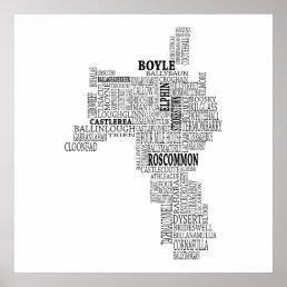 Black Typographical Map of Co. Roscommon, Ireland Poster