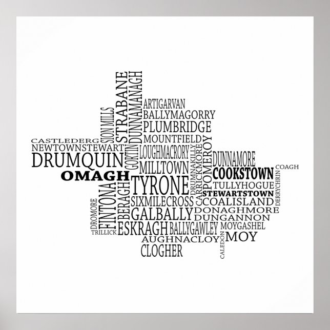 Black Typographical Map of Co. Tyrone, Ireland Poster (Front)