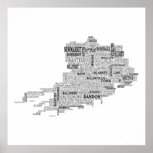 Black Typographical Map of County Cork, Ireland Poster