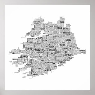 Black Typographical Map of Munster, Ireland Poster