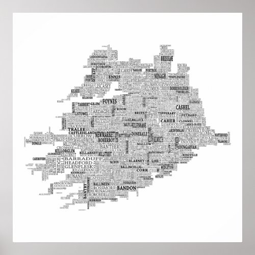 Black Typographical Map of Munster Ireland Poster