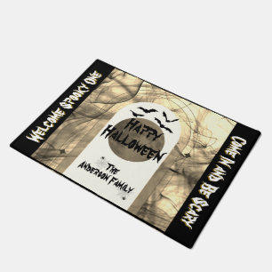 Black Typography Bats Spider Moon Happy Halloween Doormat