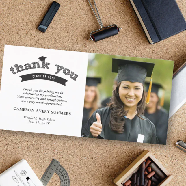 Black Typography Bold Sketch Graduation Cap Photo Thank You Card | Zazzle