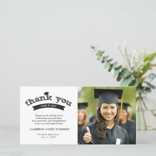 Black Typography Bold Sketch Graduation Cap Photo Thank You Card | Zazzle