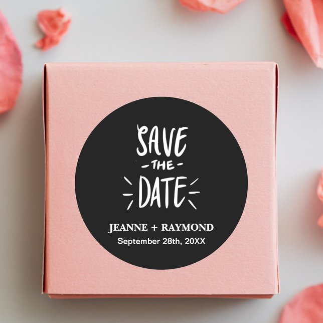 Black Typography Customized Wedding Save the Date Classic Round Sticker (Creator Uploaded)