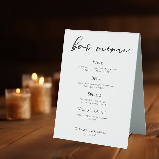 Black Typography Elegant Formal Wedding Bar Menu Table Tent (Creator Uploaded)