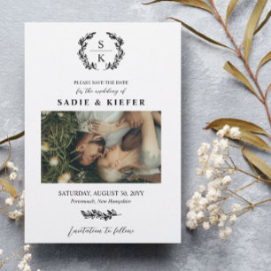 Black Typography Laurel Wreath Monogram Photo Save The Date