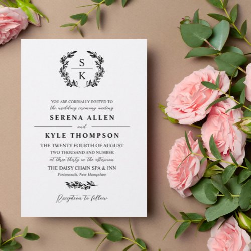 Black Typography Laurel Wreath Monogram Wedding In Invitation