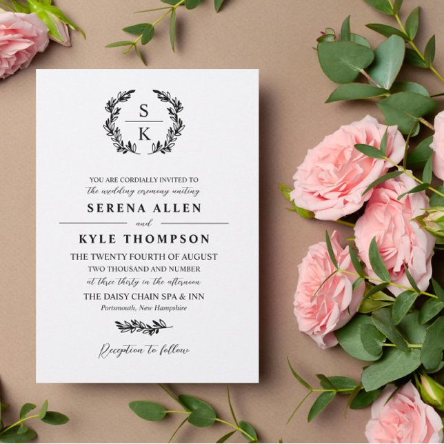 Black Typography Laurel Wreath Monogram Wedding In Invitation (Creator Uploaded)