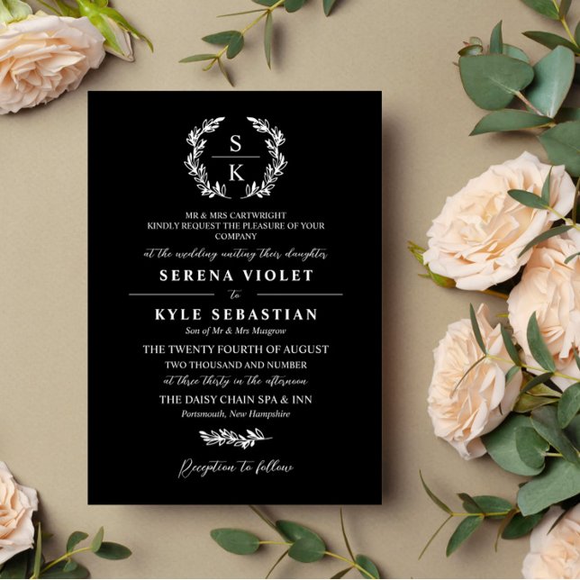 Black Typography Laurel Wreath Monogram Wedding Invitation (Creator Uploaded)