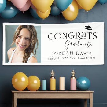 Black Typography Modern Photo Graduation Party Banner by AvaPaperie at Zazzle