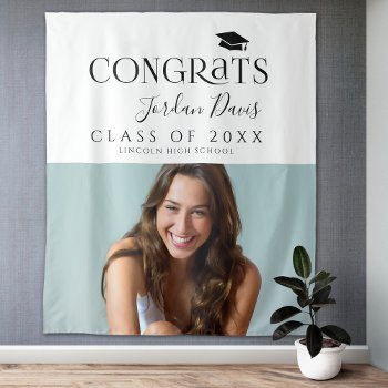 Black Typography Modern Photo Graduation Party Tapestry by AvaPaperie at Zazzle
