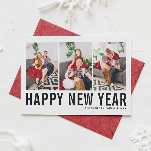 Black Typography Photo Collage Happy New Year Holiday Card