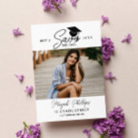 Black Typography Photo Graduation Save the Date<br><div class="desc">Double sided graduation save the date card with a typography design and a photo of the graduate. Add three more photos to the back in a clean collage. Graduation save the date template card personalized with photos.</div>