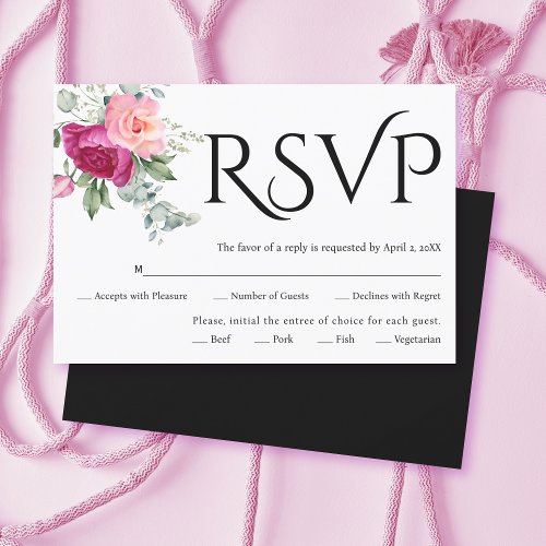 Black typography pink rose flowers wedding RSVP card