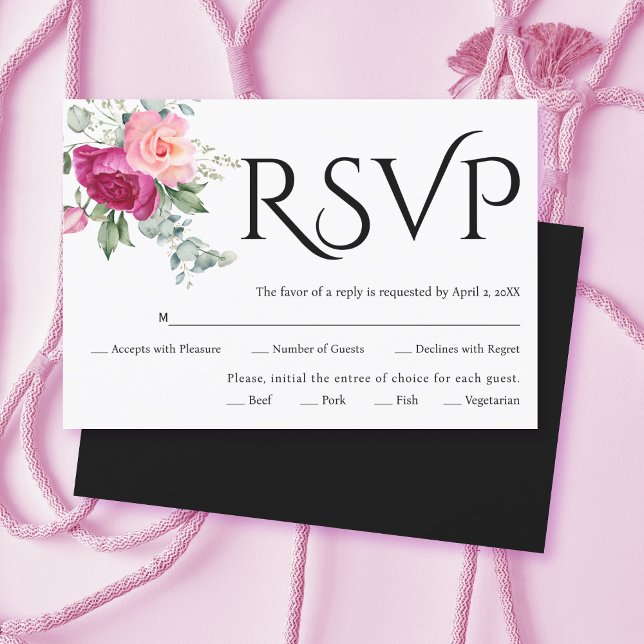 Black typography, pink rose flowers wedding RSVP card (Creator Uploaded)