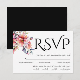 Black typography, rhododendron branch with flowers RSVP card