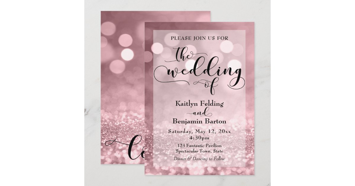 Black Typography & Rose Gold Glitter Bokeh Wedding Invitation | Zazzle
