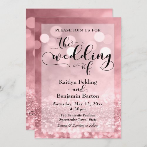 Black Typography  Rose Gold Glitter Bokeh Wedding Invitation