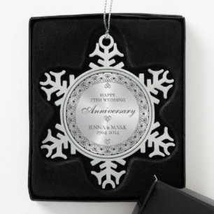 Black Typography Silver Gray 25th Anniversary Snowflake Pewter Christmas Ornament