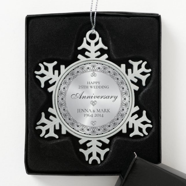 Black Typography Silver Gray 25th Anniversary Snowflake Pewter Christmas Ornament (Box)
