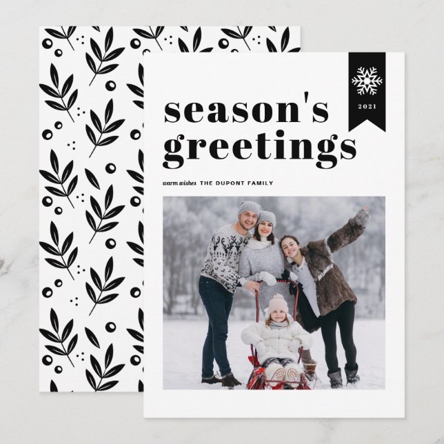 Black Typography Snowflake Seasons Greetings Photo Holiday Card (Front/Back)