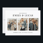 Black Typography Three Photo Collage Save The Date<br><div class="desc">Black Typography Three Photo Collage Save The Date Card | Announce your wedding date with this modern save the date flat card. It features simple typography and three photo collage. This photo save the date is a perfect way to showcase your favorite engagement photos. Perfect for any wedding theme.</div>