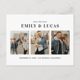 Black Typography Three Photo Collage Save The Date Announcement Postcard