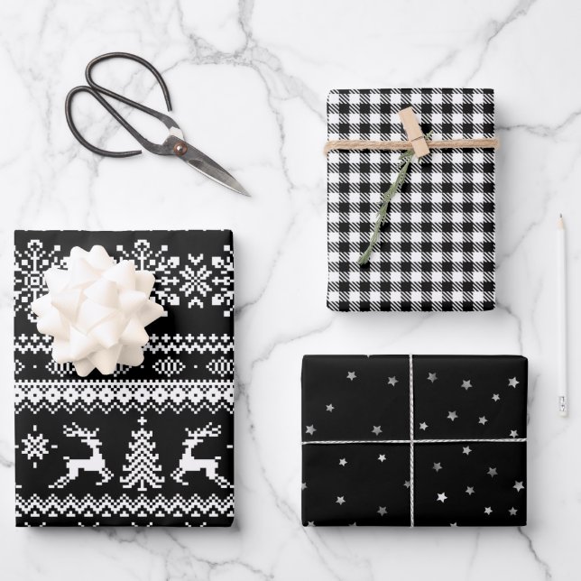 Black ugly Christmas sweater buffalo plaid & stars Wrapping Paper Sheets (Front)
