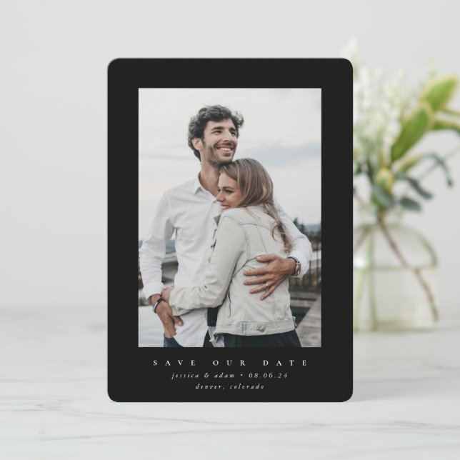 Black Ultra Minimal Save The Date Photo Card (Standing Front)