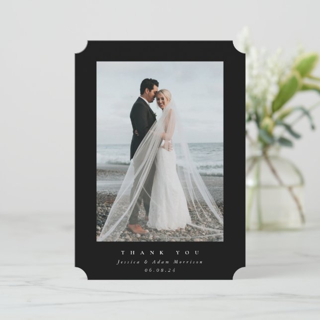 Black Ultra Minimal Single Photo Wedding Thank You Card (Standing Front)