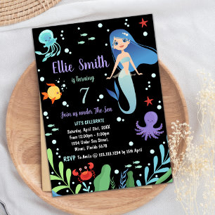 Black Under the sea Mermaid Birthday Invitations
