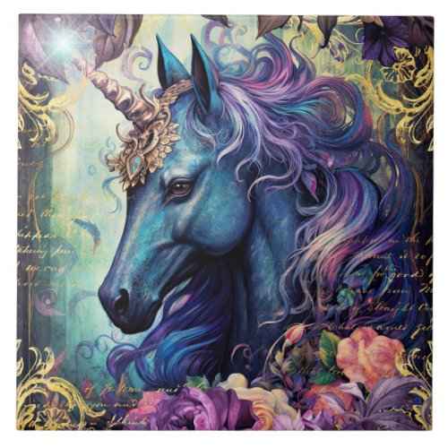 Black Unicorn and Flowers Ceramic Tile