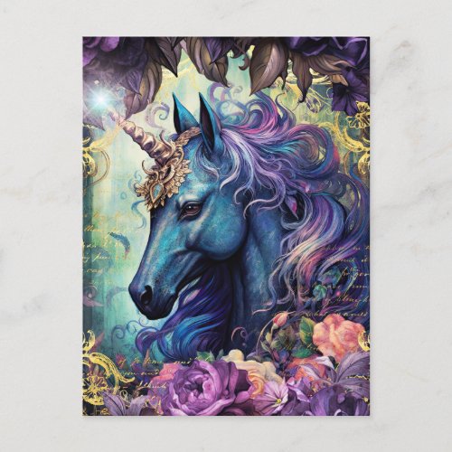 Black Unicorn and Flowers Postcard