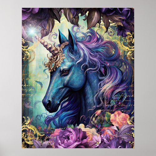 Black Unicorn and Flowers Poster