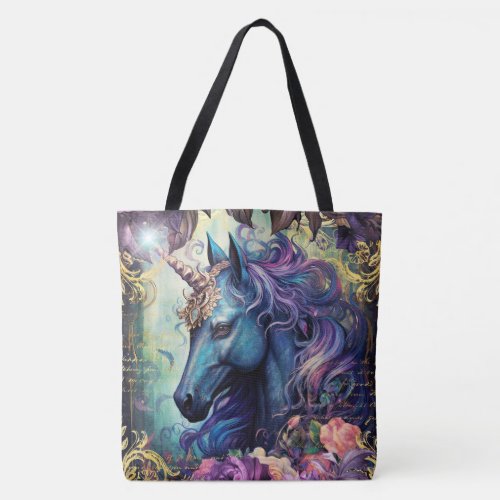 Black Unicorn and Flowers Tote Bag