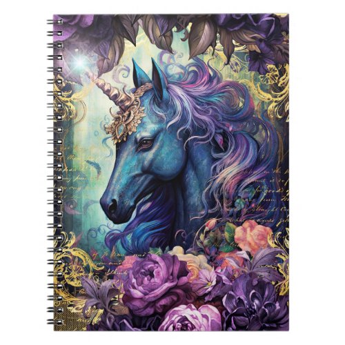 Black Unicorn and Purple Flowers Notebook