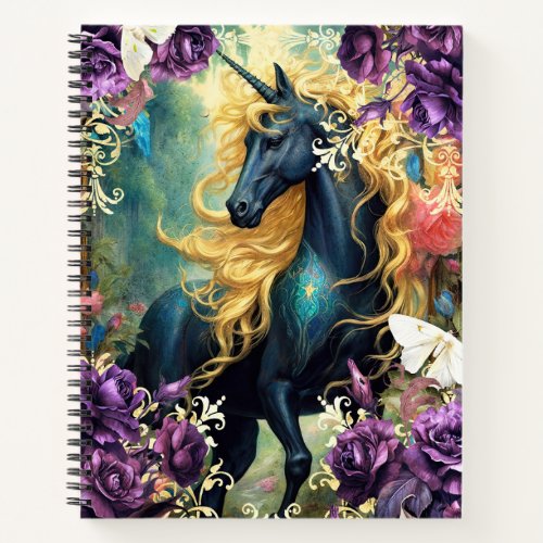 Black Unicorn and Purple Flowers Notebook