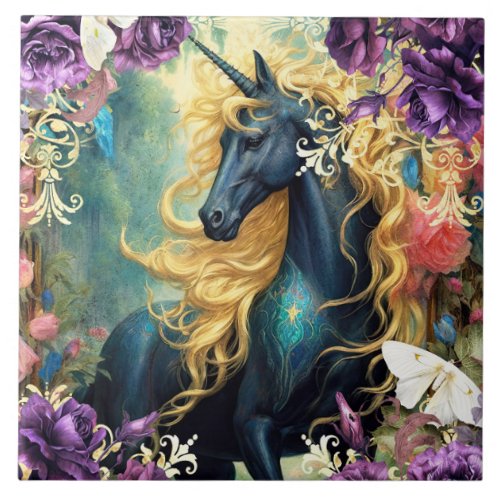 Black Unicorn and Purple Roses Ceramic Tile