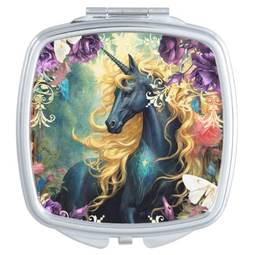 Black Unicorn and Purple Roses Compact Mirror