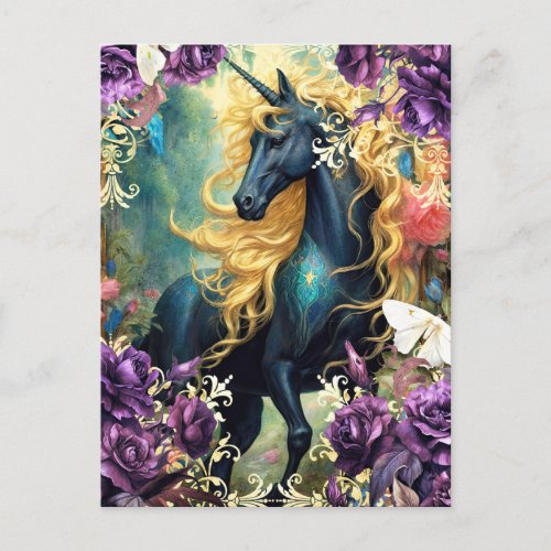 Black Unicorn and Purple Roses Postcard