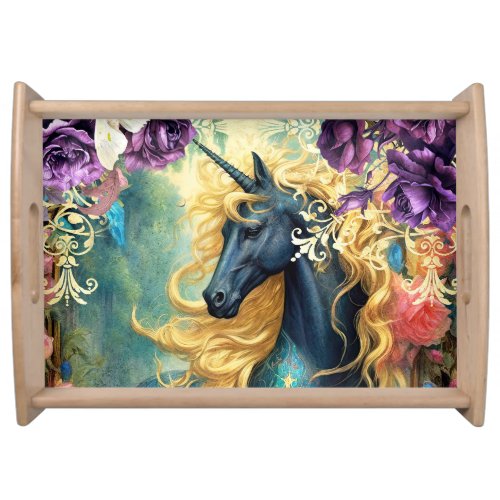 Black Unicorn and Purple Roses Serving Tray