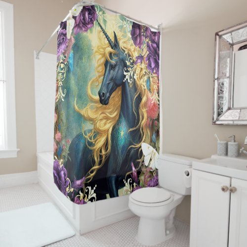 Black Unicorn and Purple Roses Shower Curtain