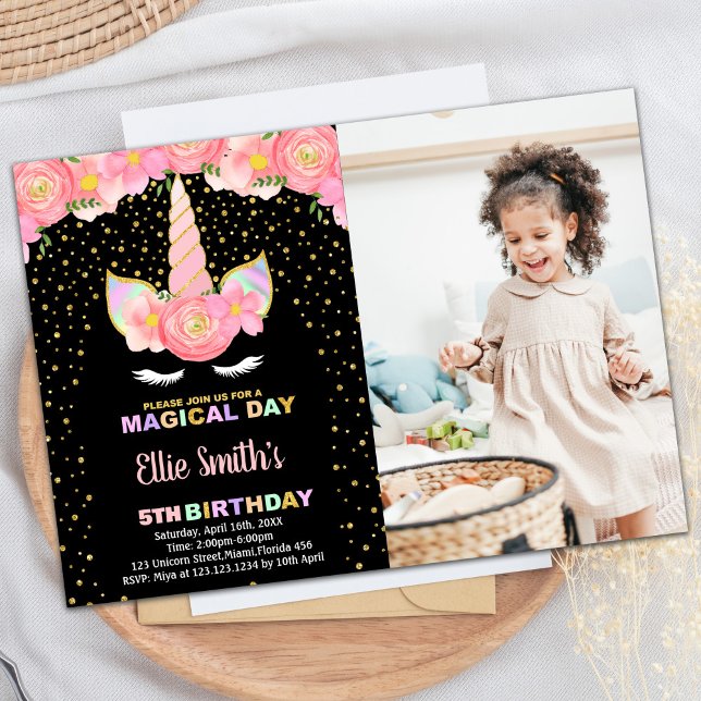 Black Unicorn Birthday Invitations with photo (Black Unicorn Birthday Invitations with photo)