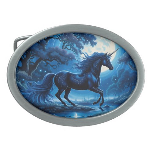 Black Unicorn Blue Sky Full Moon Magical Belt Buckle